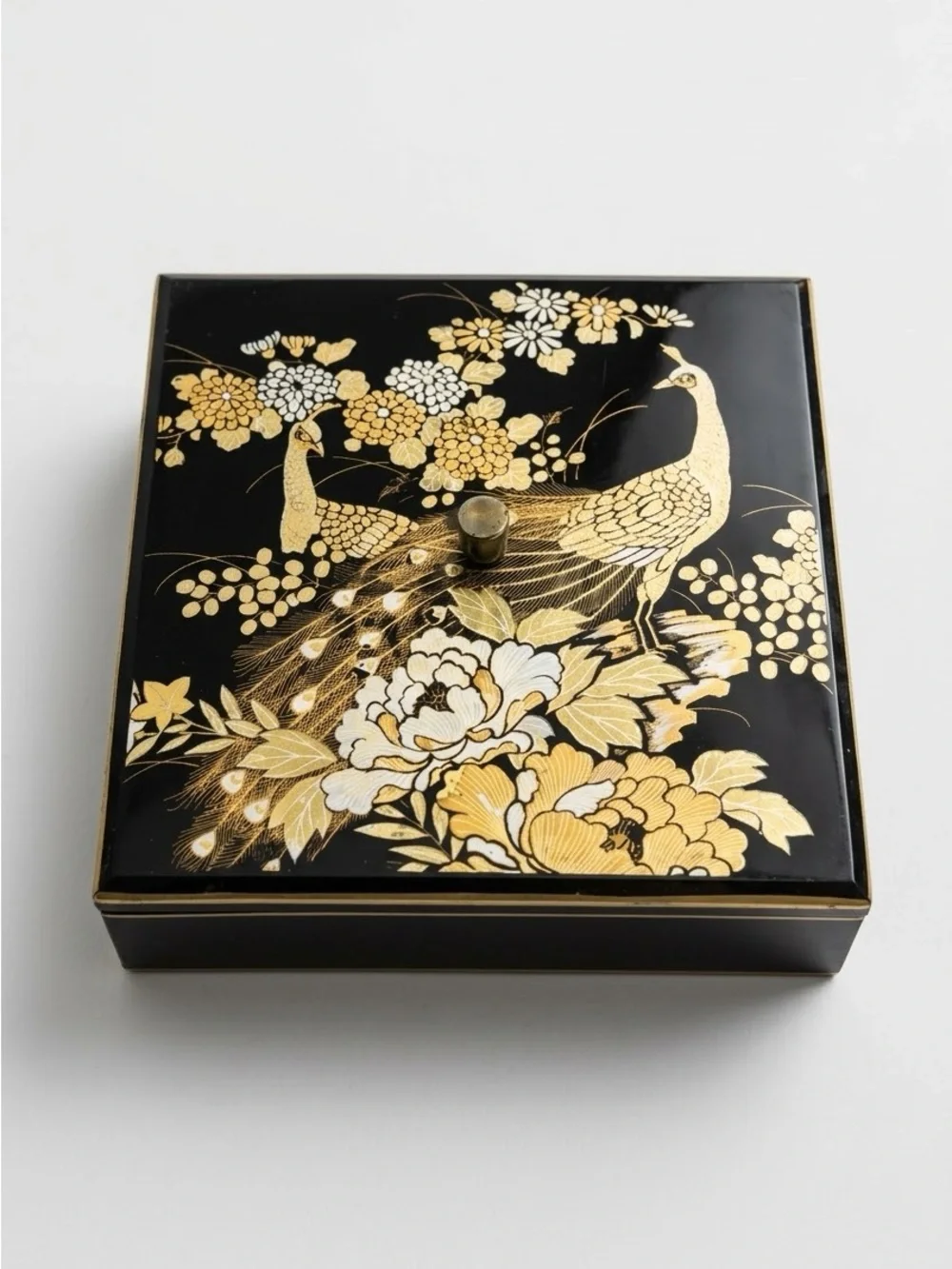 Vintage Otagiri Japan Black Lacquer Peacock Trinket Box with Etched Clear Tray